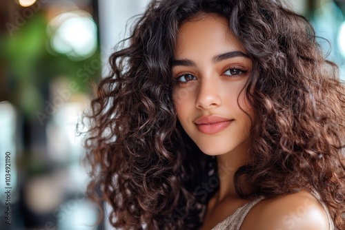 Mujer con pelo rizado y mucho volumen. Modelo con pelo largo rizado.