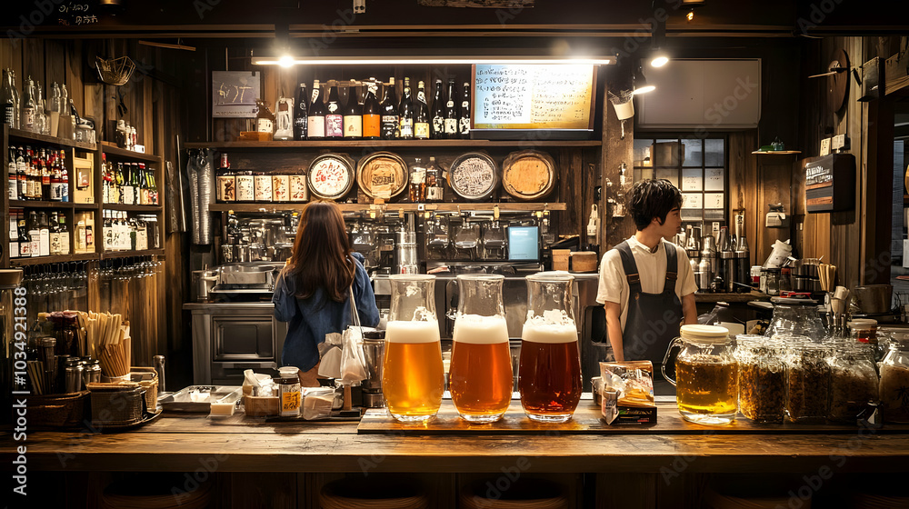 Japanese Bar Interior: Wooden Counter with Bottles and Drinks, Bartender Serving Customers