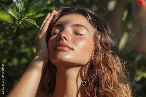 Mujer joven con piel luminosa disfrutando del sol mientras se toca la cara con la mano. Modelo femenina.  photo