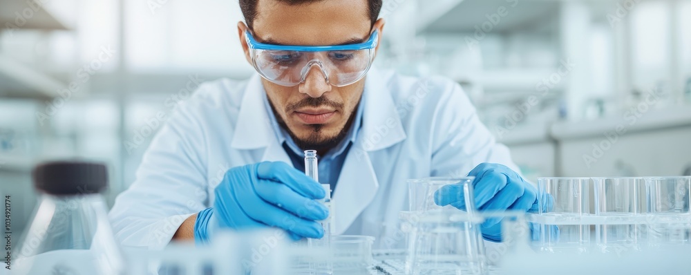 Lab technician analyzing fuel, advanced testing setup. Fuel Processing Technology Lab technician analyzing fuel, advanced testing setup. Fuel Processing Technology