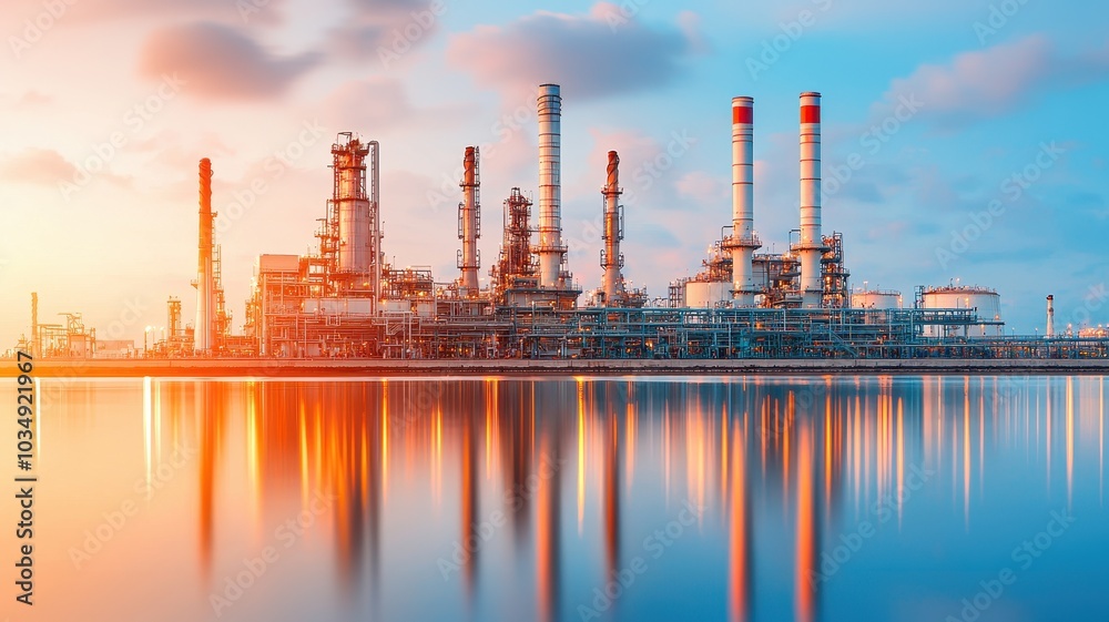 Obraz premium Oil refinery plant reflecting on water, serene industrial scene, Fuel Processing Technology 