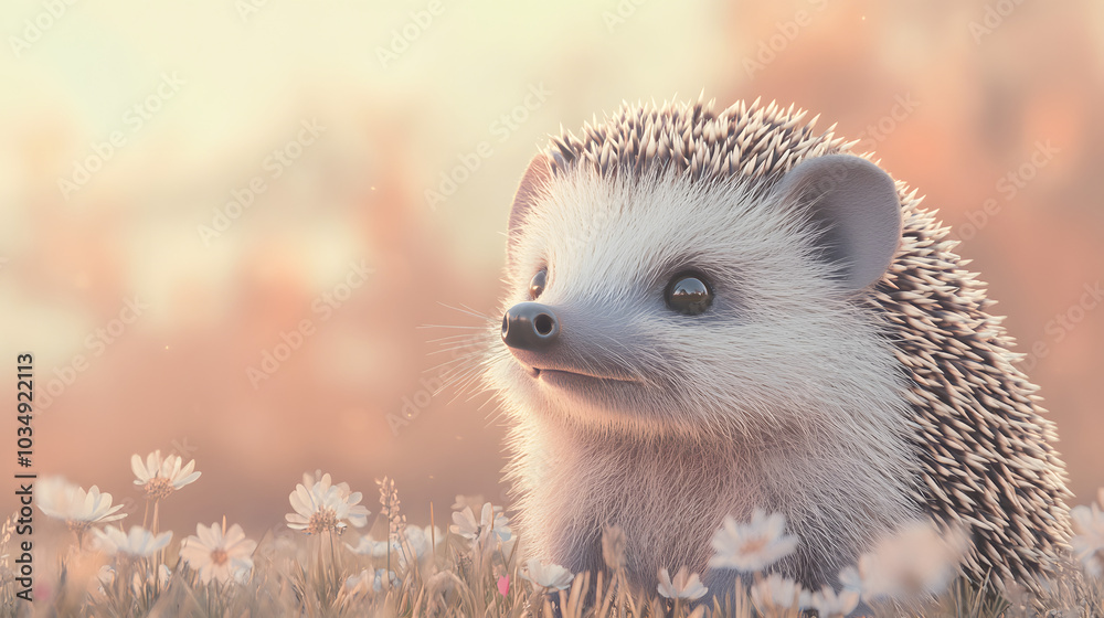 Fototapeta premium Cute Hedgehog in a Field of Daisies at Sunset