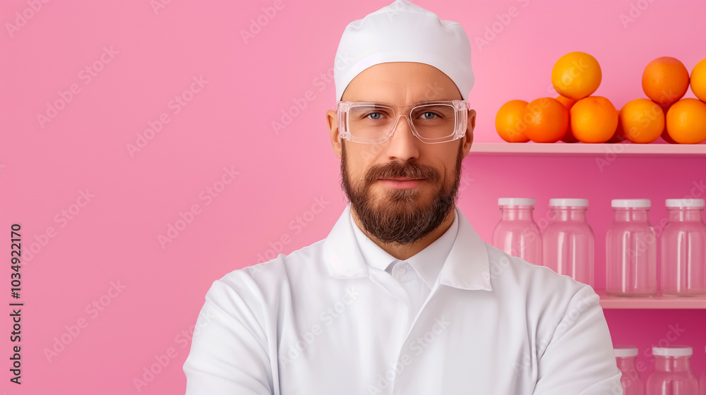 The food scientist, wearing glasses and a hat, stands with arms crossed in a pink kitchen. Oranges are neatly arranged on a shelf, emphasizing a focus on food quality and safety The food scientist, wearing glasses and a hat, stands with arms crossed in a pink kitchen. Oranges are neatly arranged on a shelf, emphasizing a focus on food quality and safety