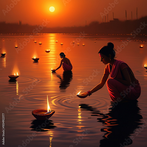 Silhouetted women placing f...