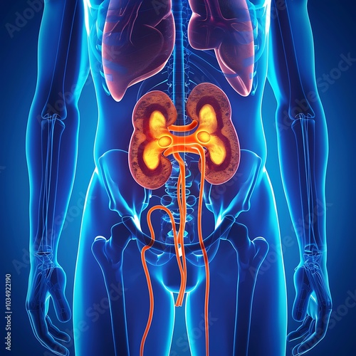 Human internal organs: kidneys and bladder within the urogenital system. photo