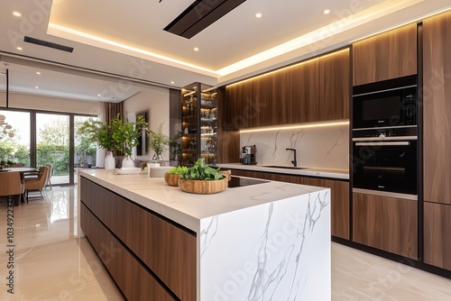 Cocina grande con cajones acabados en madera y mármol blanco como encimera. Espacio esencial de una casa. Cocina de lujo en una casa. Espacio luminoso y abierto. photo
