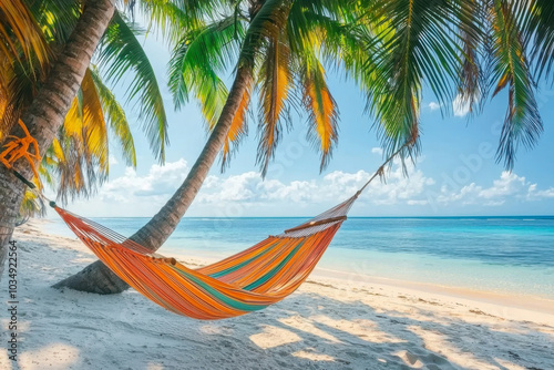 perfect white sand beach with turquoise water, palms and colorful hammock photo