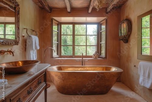 Baño grande con bañera en una casa con estilo rústico. Colores cálidos y dorados. Baño completo con ventanal de madera. 