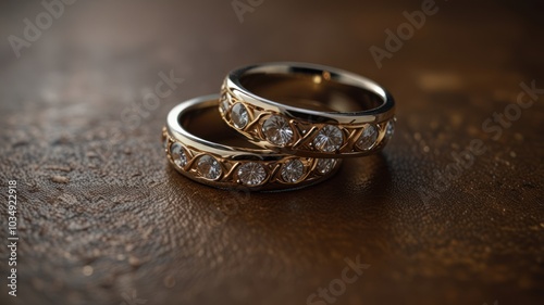 Two gold wedding bands with diamonds on a wooden surface.