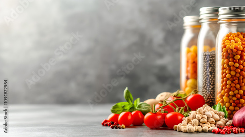 An array of glass jars filled with vibrant spices and legumes is displayed beside fresh tomatoes on a rustic wooden table, creating a bright and inviting atmosphere