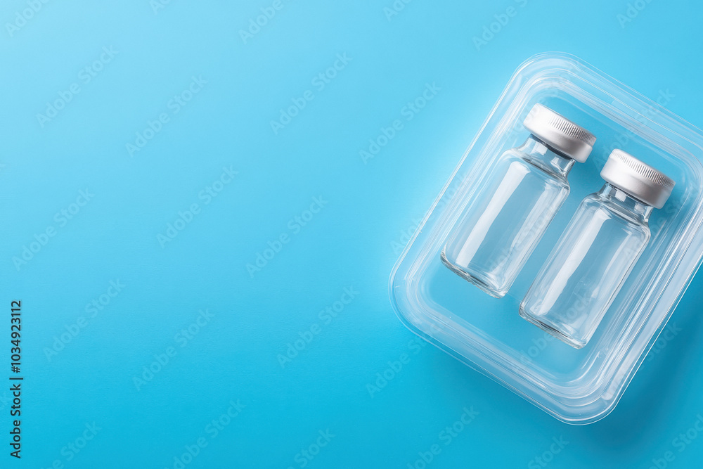 Two clear vials of medicine are sitting on a blue background Two clear vials of medicine are sitting on a blue background