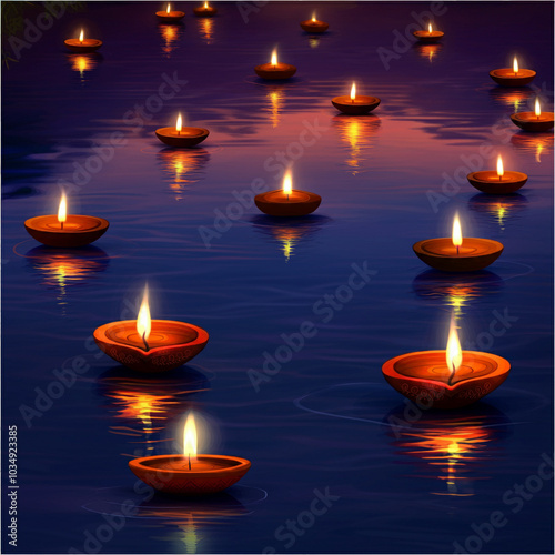Numerous diyas floating on ...
