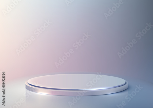 Minimalist 3D Podium with Iridescent Background, Featuring Lighting and Reflective Surfaces for Product Display, Mockup, and Showcase in Modern Design Concepts