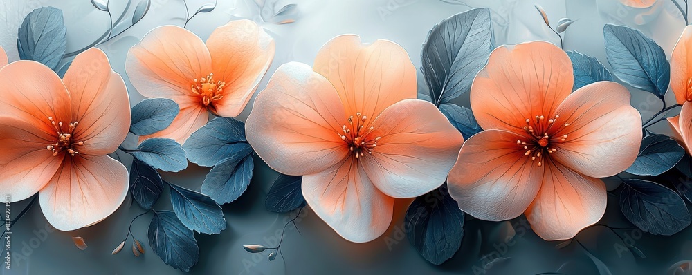 A serene arrangement of soft peach and white flowers with lush green leaves, evoking a tranquil and natural atmosphere. A serene arrangement of soft peach and white flowers with lush green leaves, evoking a tranquil and natural atmosphere.