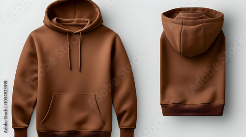 A brown hoodie displayed from the front and back, showcasing its design and style.