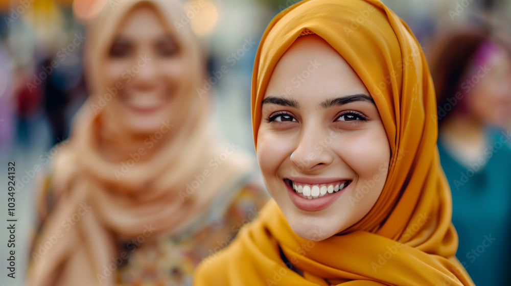 Portrait of happy orange hijab islamic women with A beautiful smile. Pretty muslim girl. Beautiful muslimah woman model posing on the street. Arab Beauty Portrait of happy orange hijab islamic women with A beautiful smile. Pretty muslim girl. Beautiful muslimah woman model posing on the street. Arab Beauty