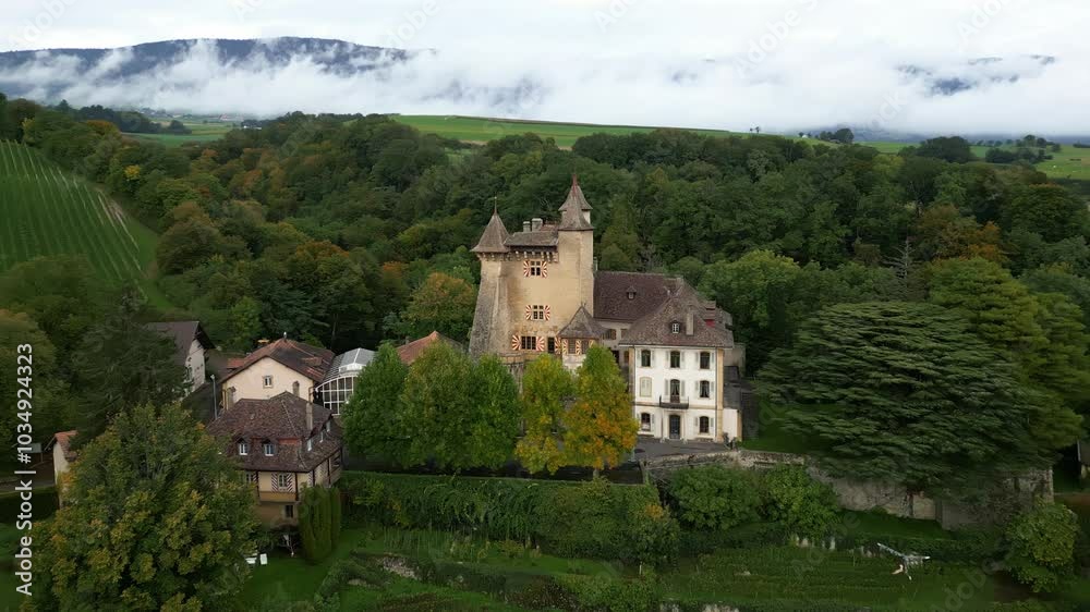 Push in drone shot of Vaumarcus Castle in Canton of Neuchatel Switzerland Push in drone shot of Vaumarcus Castle in Canton of Neuchatel Switzerland