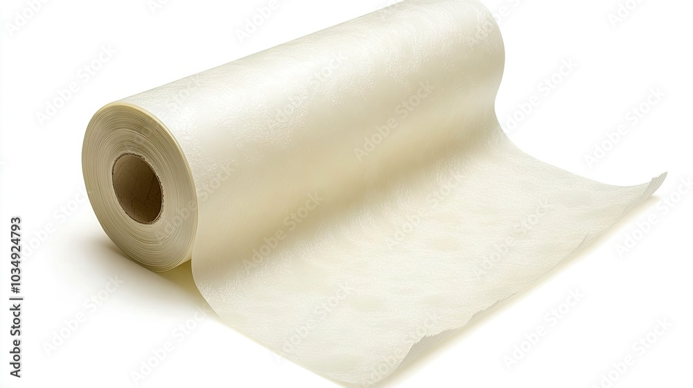 Fototapeta premium High-quality textured white roll of wallpaper laying flat on a bright white background. Ideal for renovation, construction, or decor themes.