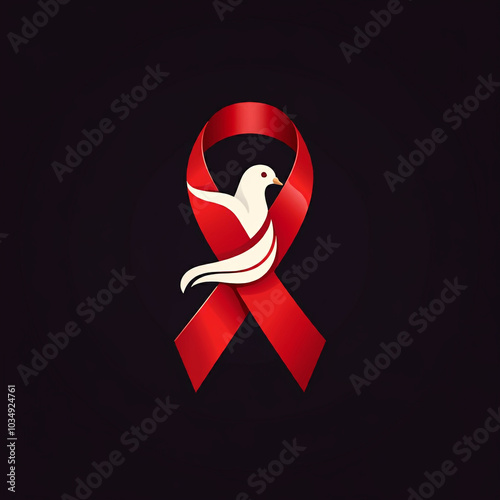 Red ribbon held by a dove, ...