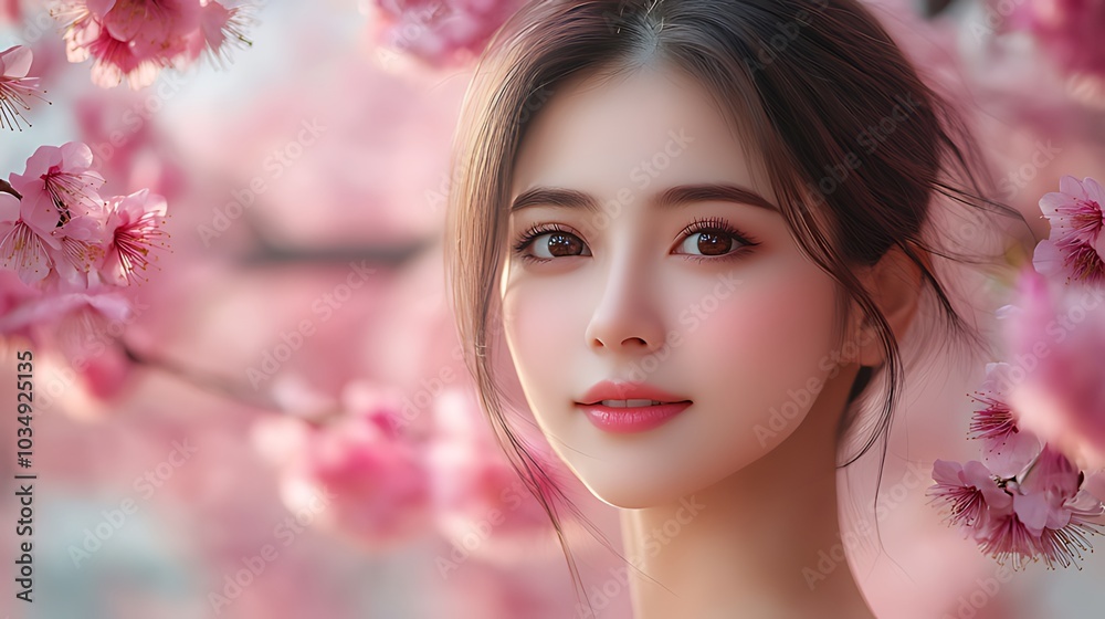 A young woman with dark hair and brown eyes smiles softly, framed by delicate pink cherry blossoms. A young woman with dark hair and brown eyes smiles softly, framed by delicate pink cherry blossoms.