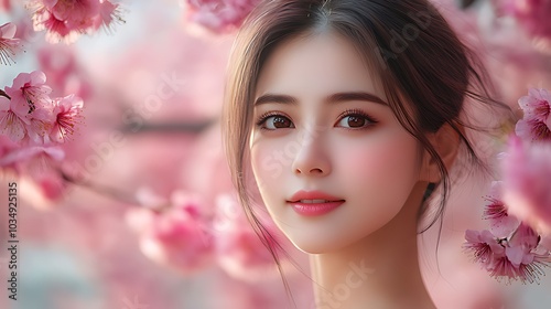 A young woman with dark hair and brown eyes smiles softly, framed by delicate pink cherry blossoms.