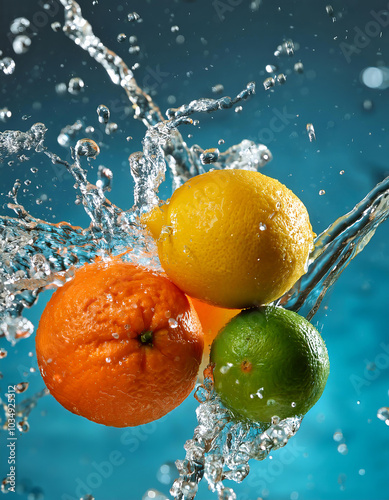 Refreshing citrus fruits splashed with water on a blue background, glistening with droplets, capturing motion and freshness. Ideal for vitamin c boost or colorful drink