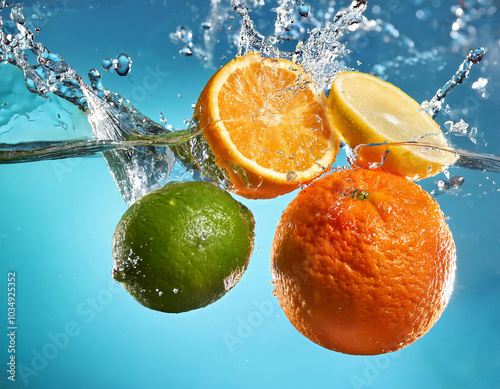 Lime, a lemon and two oranges are creating splashing water waves on a blue background