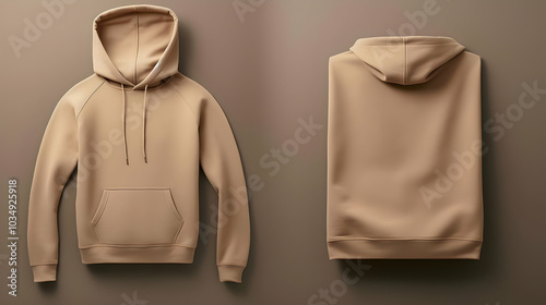 A minimalist beige hoodie displayed from two angles against a neutral background.