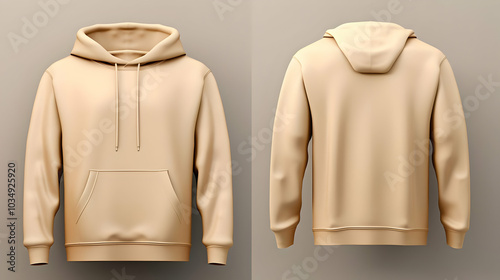 A minimalistic beige hoodie displayed from front and back views.