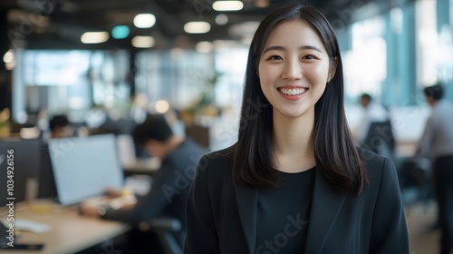 A Smiling Woman in a Black Blazer in an Office Setting