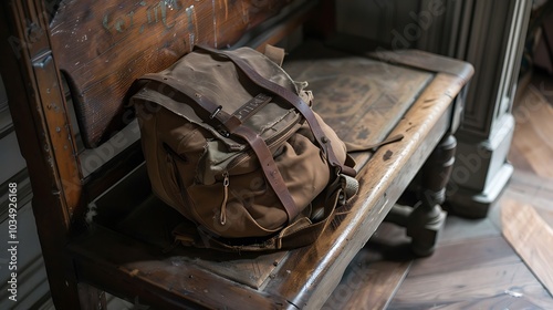 A hardwood seat with a brown pack on it signifying journey