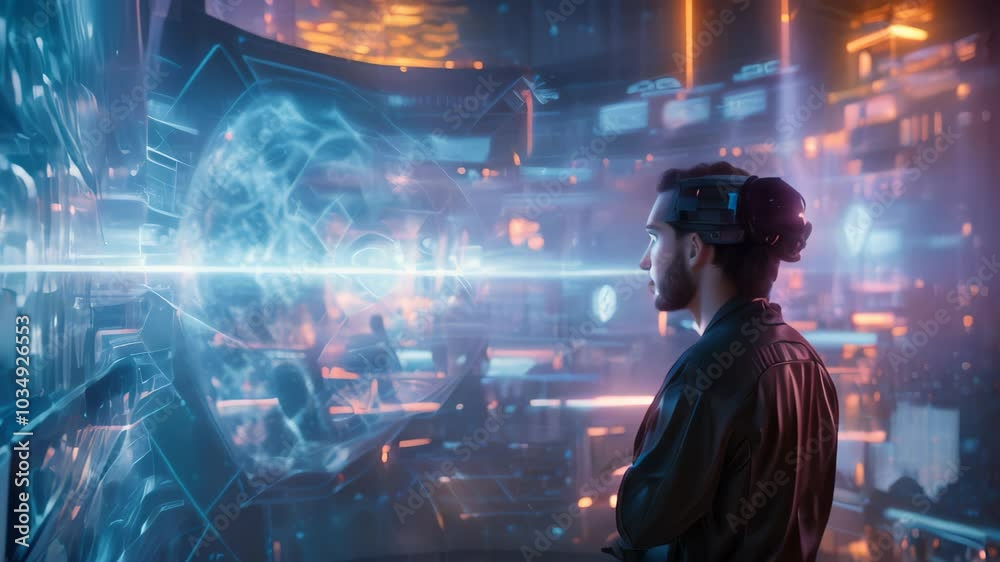 A man stands in front of a large display, observing the content with interest, An immersive holographic technology environment