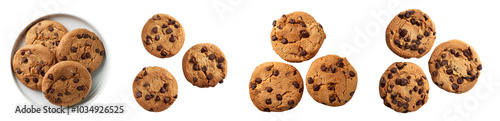 Assorted chocolate chip cookies on a white isolate background, perfect for dessert themes.