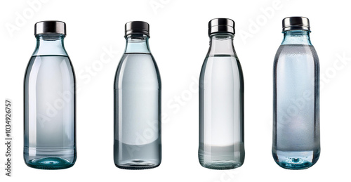 Assorted glass water bottles with different shapes on white background. photo