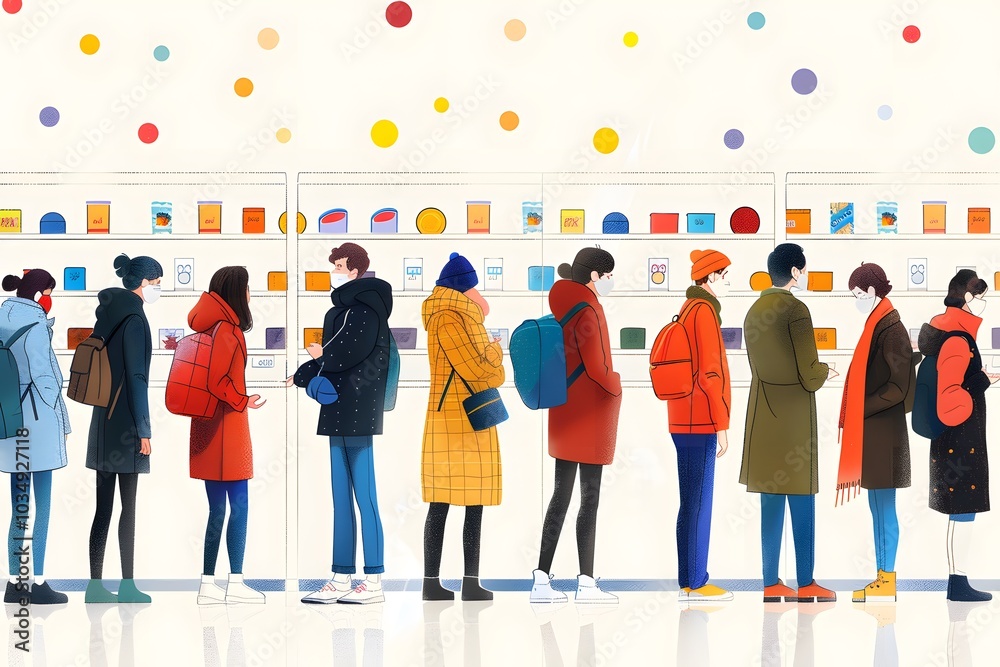 Fototapeta premium A Colorful Queue: People Waiting in a Modern Store
