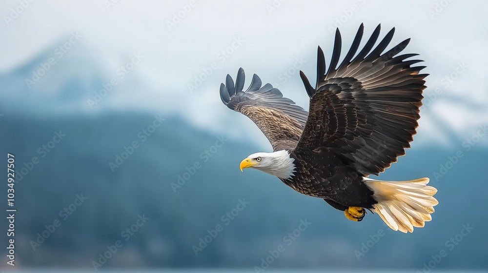 Obraz premium Close up of eagle soaring in the sky, majestic bird of prey in natural habitat, print for National Bird Day and National American Eagle Day