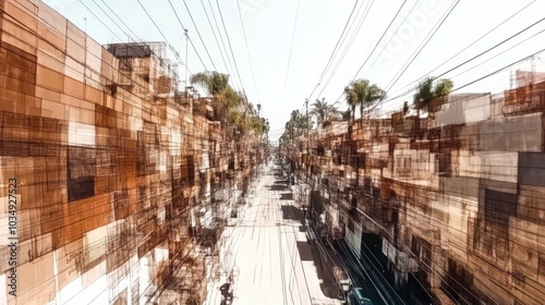 Aerial view of a narrow urban street with palm trees, distorted by layered geometric patterns and abstract visual elements.