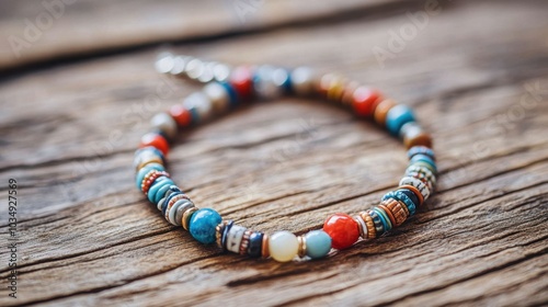 Colorful Beaded Bracelet on Wooden Background