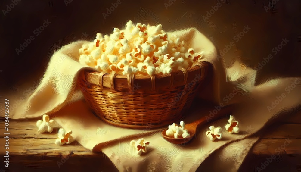A macro view of fresh popcorn in a basket with a traditional linen cloth. The image should be in an oil painting style with golden brown and ivory colors and thick, messy paint strokes. A macro view of fresh popcorn in a basket with a traditional linen cloth. The image should be in an oil painting style with golden brown and ivory colors and thick, messy paint strokes.