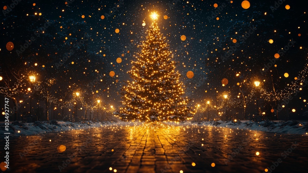 Naklejka premium Festive Christmas Tree with Lights and Snowfall at Night