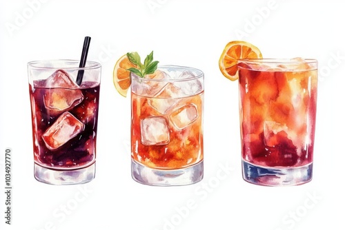 Watercolor Illustration of Three Iced Cocktails