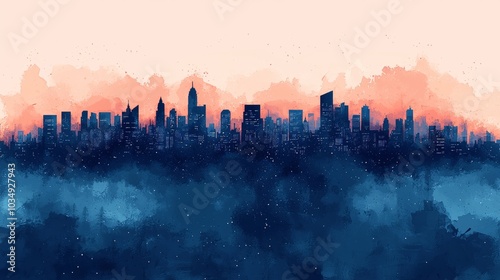 Watercolor Cityscape Skyline Silhouette at Sunset