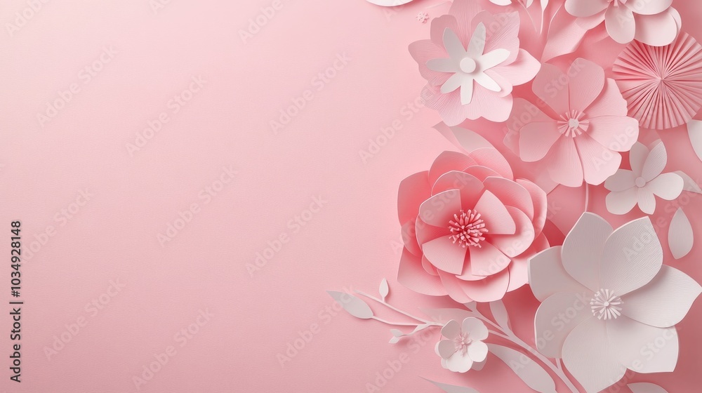 Elegant spring paper cut flowers displayed on a soft pink background perfect for holiday posters and banners celebrating love and appreciation