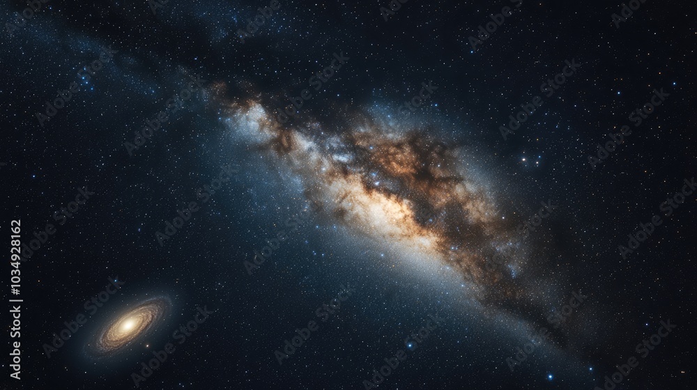 Fototapeta premium Night sky filled with stars featuring the Milky Way surrounding the constellations of Cepheus and Cygnus with the Andromeda galaxy visible in the lower left Captured using long exposure stacking