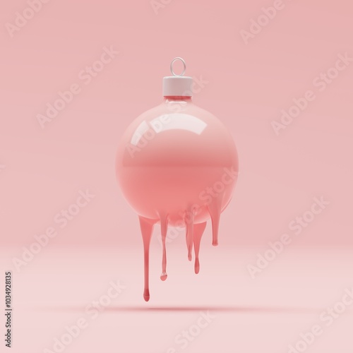 Closeup Melting Pink Ornament Christmas decoration on pink background. 3D Rendering. Minimal Christmas concept idea.