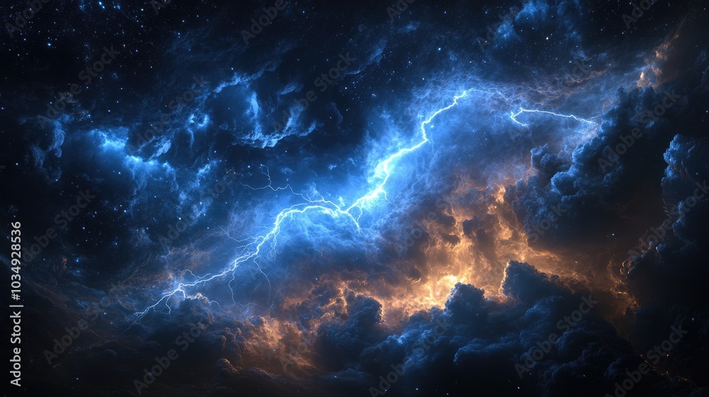 A striking lightning bolt pierces through dark turbulent clouds in a night sky creating an intense illumination within the surrounding atmosphere A striking lightning bolt pierces through dark turbulent clouds in a night sky creating an intense illumination within the surrounding atmosphere