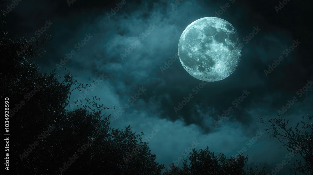 Eerie night sky illuminated by a full moon evoking themes of horror and the Halloween spirit Eerie night sky illuminated by a full moon evoking themes of horror and the Halloween spirit