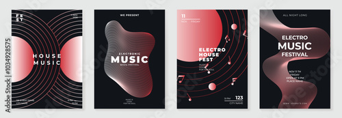 Music poster design background vector set. Electro Sound Cover template with vibrant abstract gradient geometric shape and line wave. Ideal design for social media, flyer, party, music festival, club.