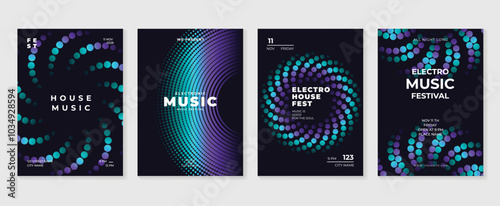 Music poster design background vector set. Electro Sound Cover template with vibrant abstract gradient geometric shape and line wave. Ideal design for social media, flyer, party, music festival, club.