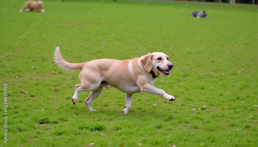 Labrador Retriever running across green field in park Labrador Retriever running across green field in park